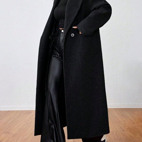 Black Casual Women's Collared Long Overcoat - Picture 2 of 6